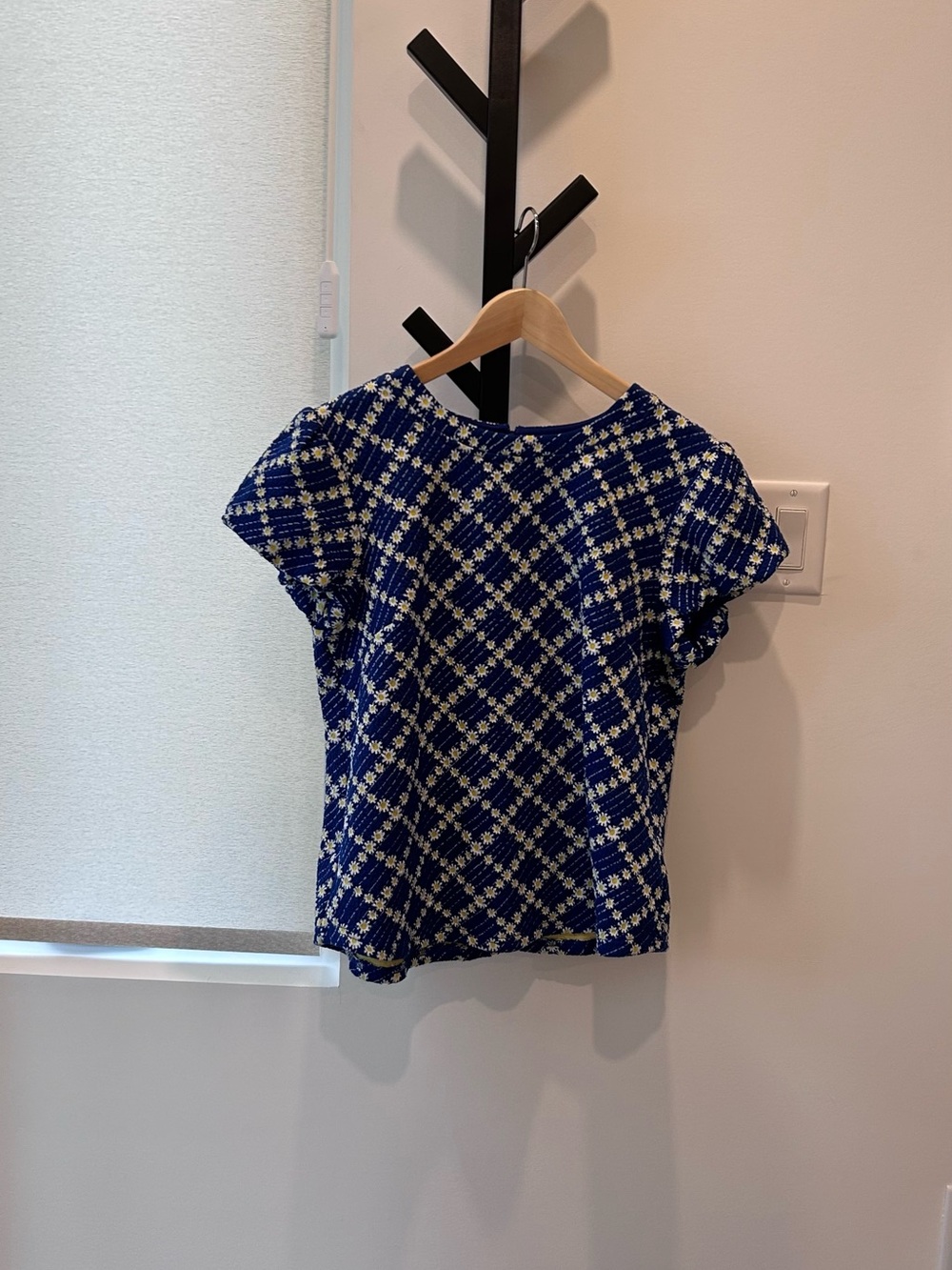 Textured Blue Checked Short-Sleeve Blouse